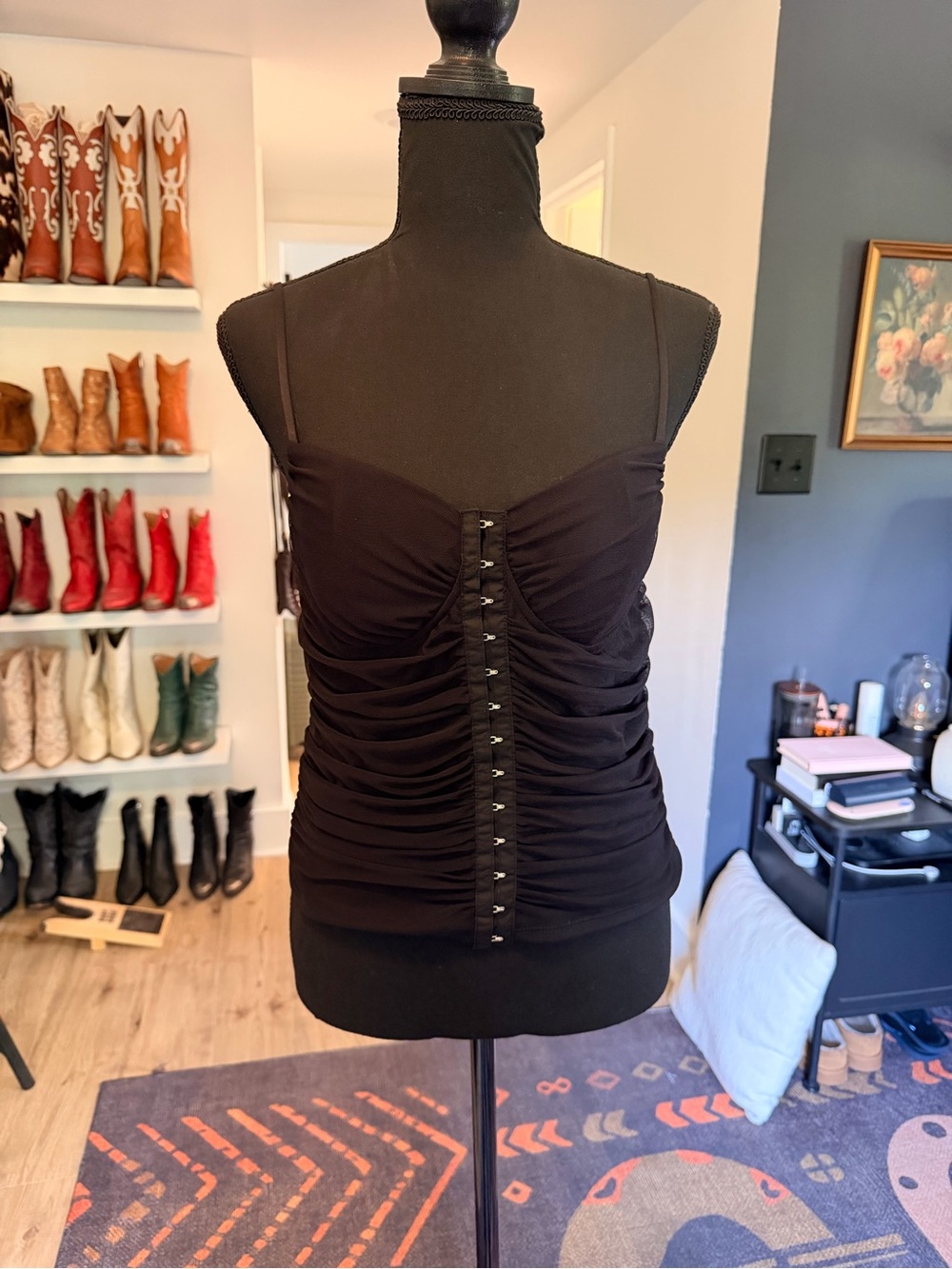 Moa Moa Black Ruched Corset Top Tank with Front Hook & Eye Closure Detail